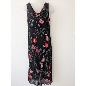 Eva‎ Blue Womens Black Floral Beaded Drape Neck Midi Dress 12P Fairy Wimsygoth